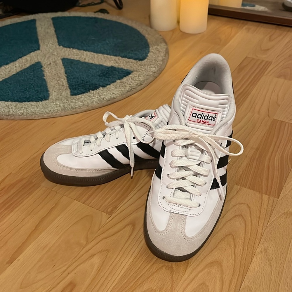 Adidas Samba - white, black stripes, gum sole. Men’s size 7, women’s 8.